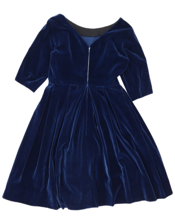 Vintage mujer 3/4 manga terciopelo A-Line vestido Reino Unido 14 azul marino medio