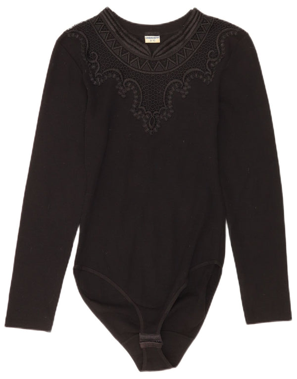 Vintage mujer manga larga body UK 2 2XS lana virgen negra