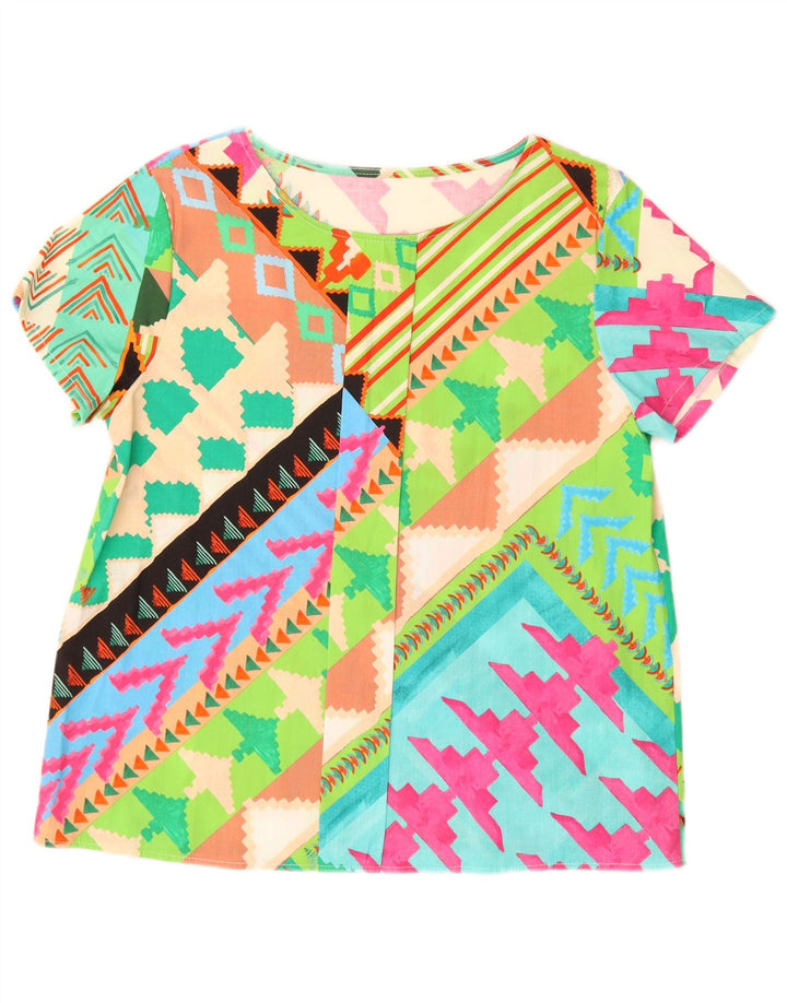 Vintage mujer camisa blusa Reino Unido 16 grande multicolor geométrico