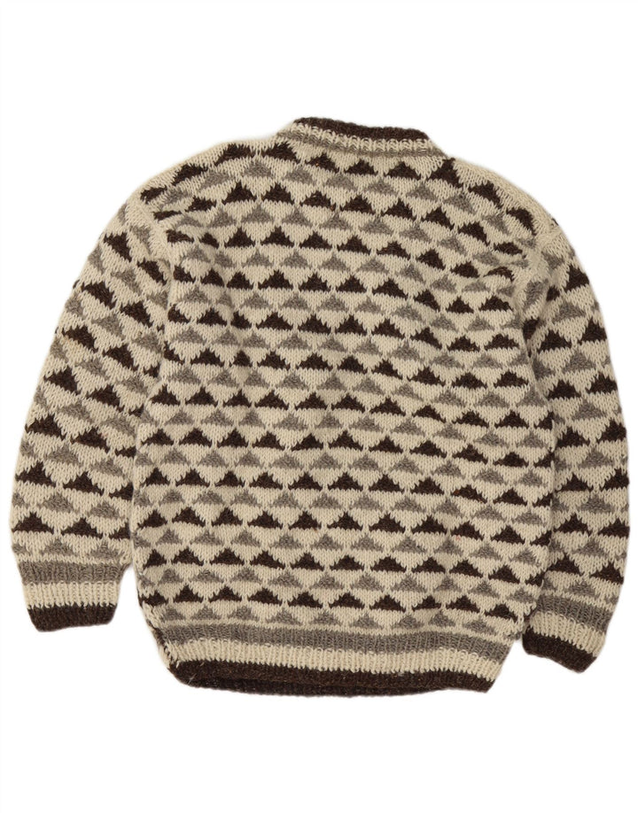 Vintage hombres cuello redondo jersey suéter medio apagado blanco geométrico
