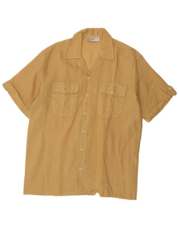 Vintage hombres manga corta camisa suelta ajuste pequeño lino amarillo