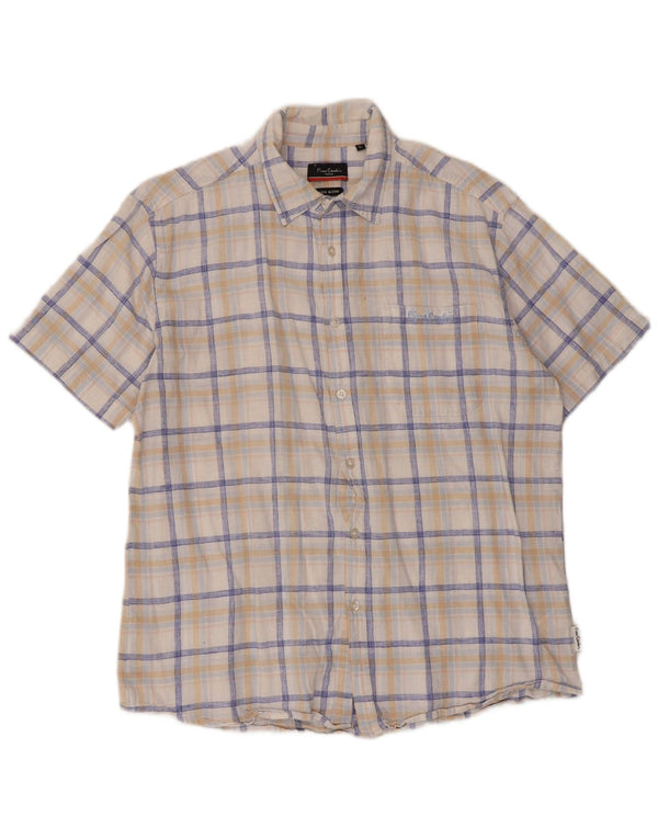 Pierre Cardin Camisa De Manga Corta Para Hombre Algodón A Cuadros Blanco Grande