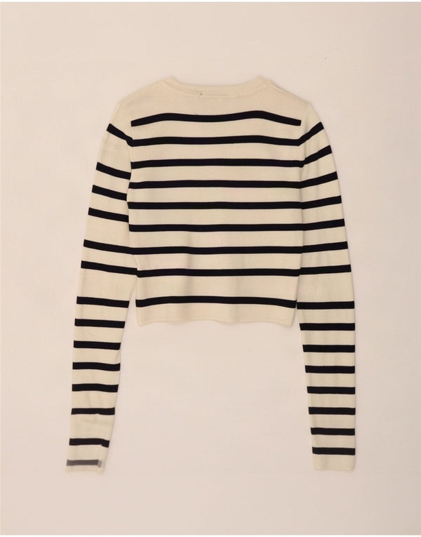 Zara Mujer Blusa Corta Top UK 8 Small Off White Rayas Viscosa