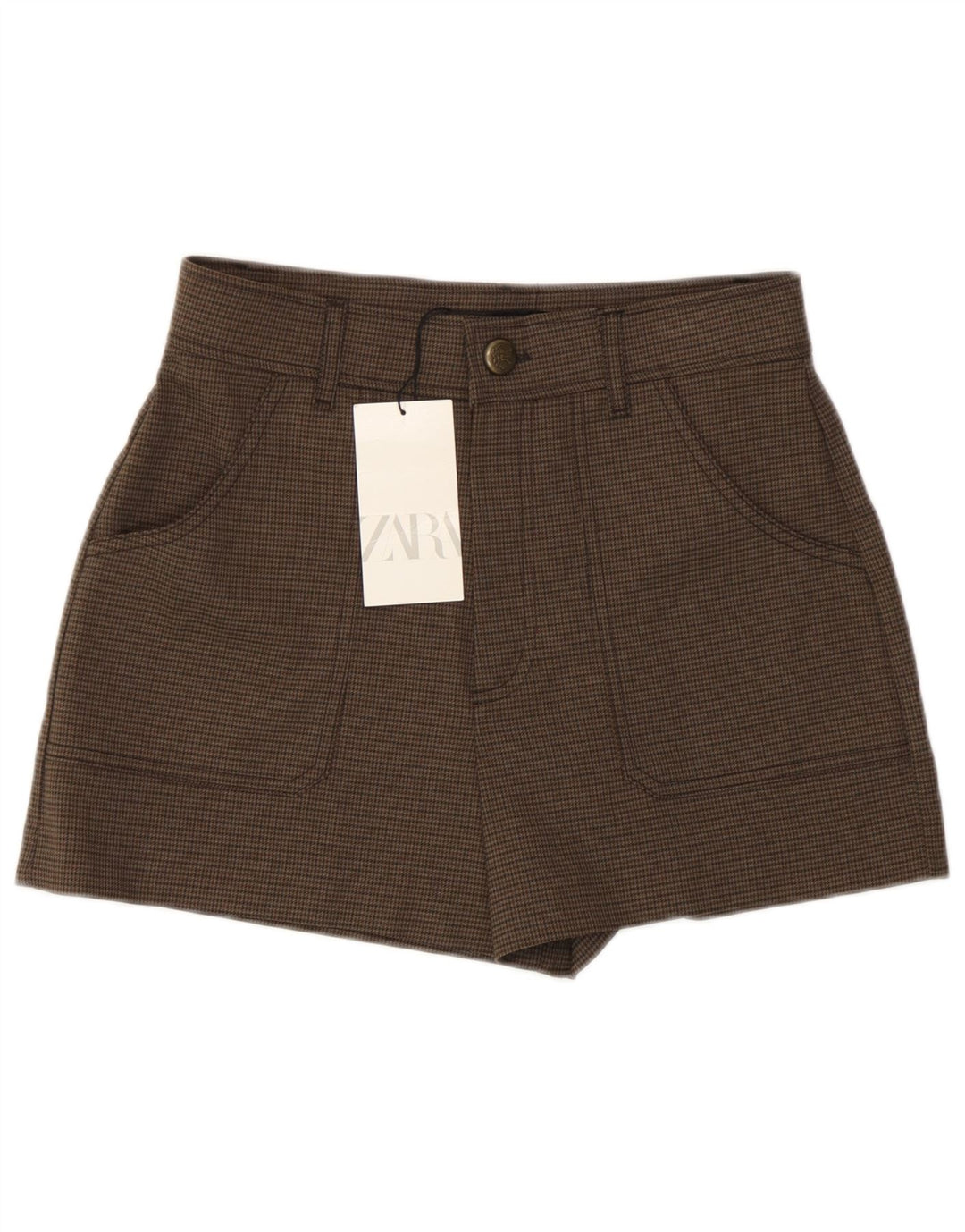 Zara Mujer Pantalones Cortos Casuales De Cintura Alta Pequeño W26 Poliéster De Pata De Gallo Marrón