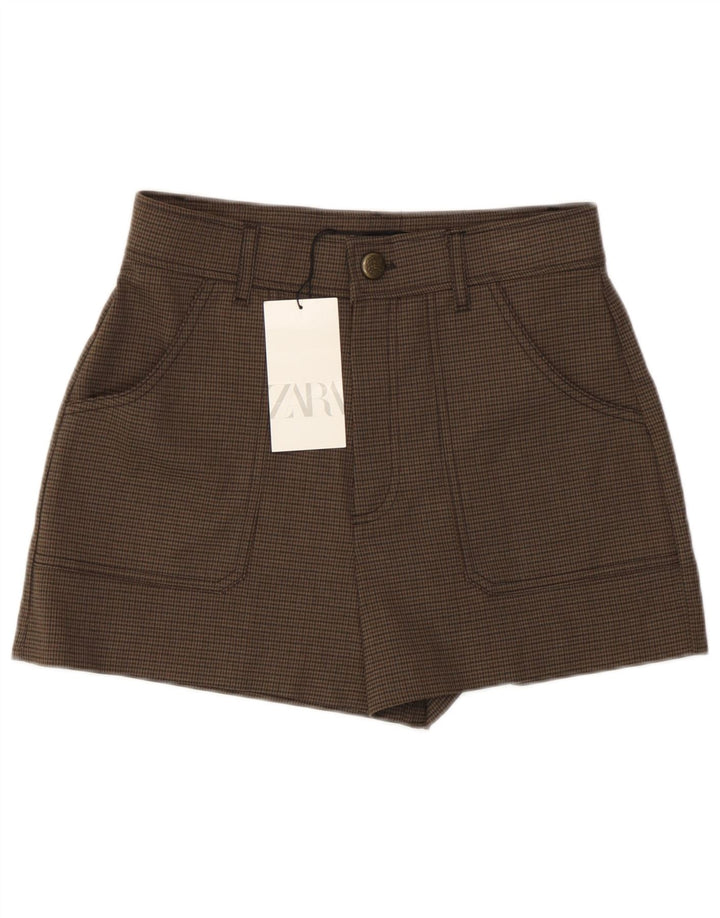 Zara Mujer Pantalones Cortos Casuales De Cintura Alta Pequeño W26 Poliéster De Pata De Gallo Marrón