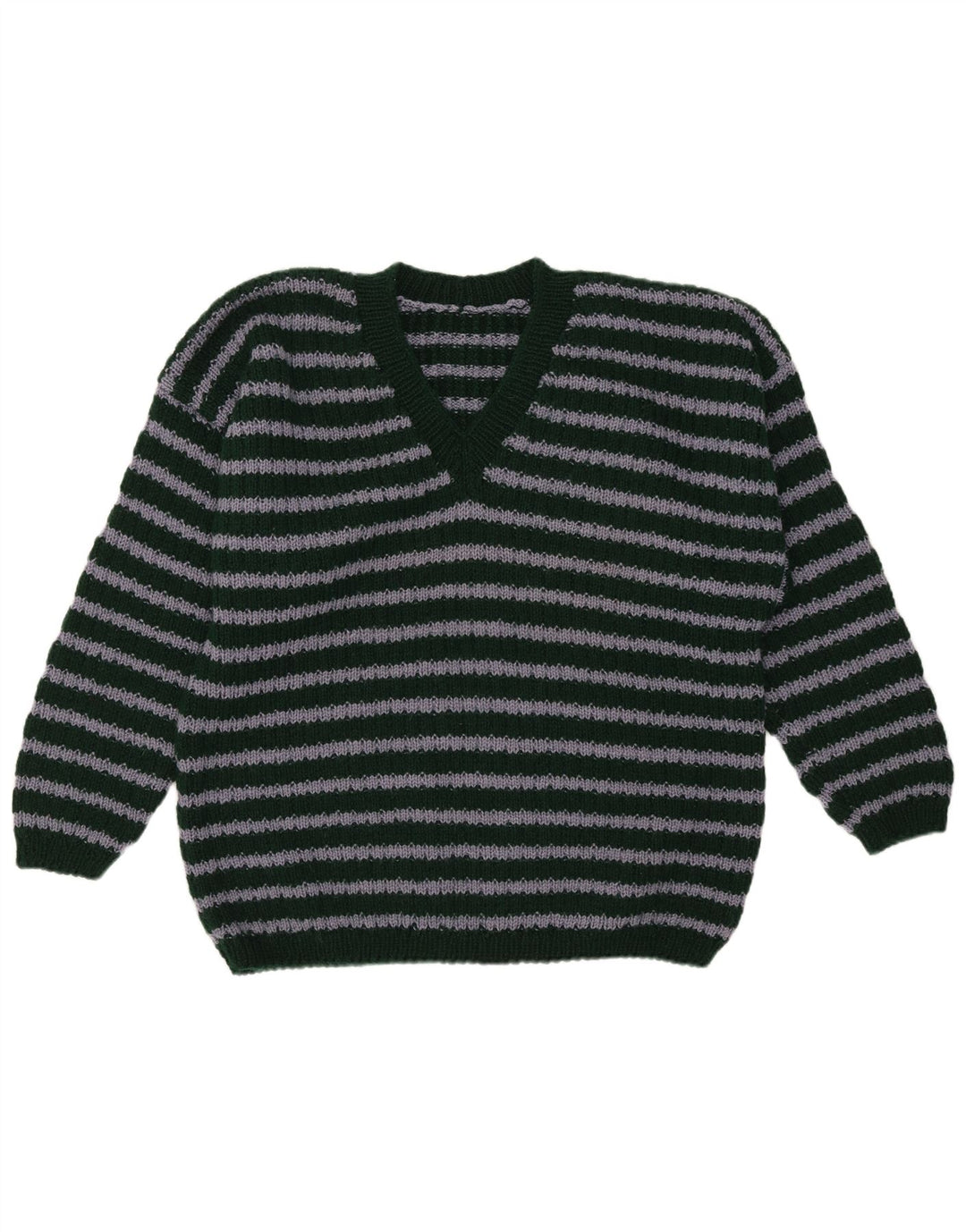 Vintage hombres V-cuello jumper suéter medio verde rayas