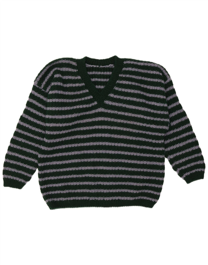 Vintage hombres V-cuello jumper suéter medio verde rayas