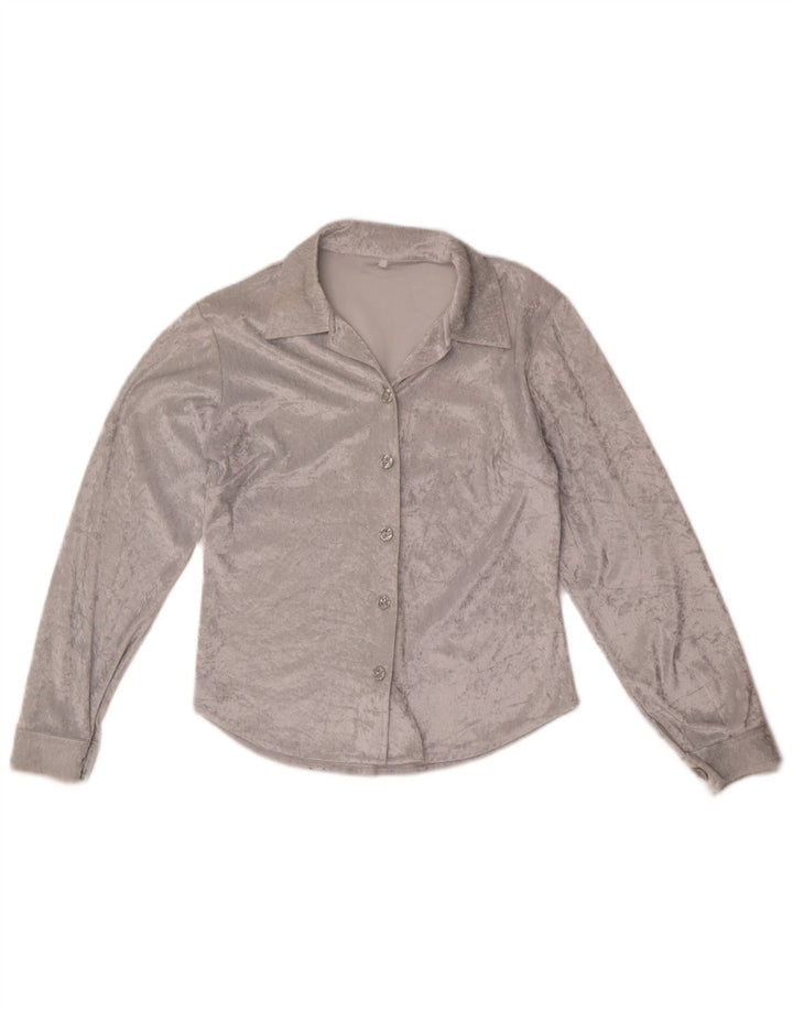 Vintage mujer Velour camisa blusa Reino Unido 12 poliéster gris medio