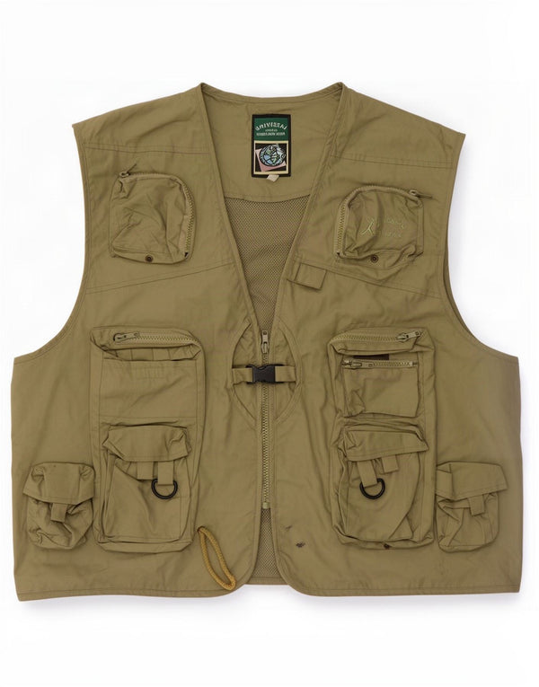Vintage Hombres Utility Gilet IT 58 4XL Algodón Caqui