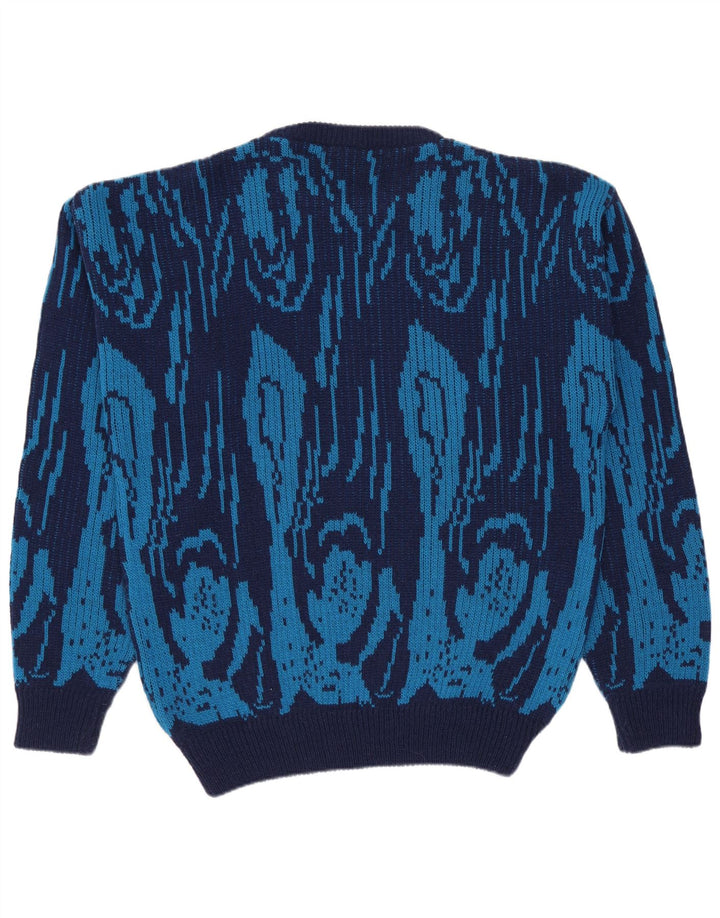 Vintage hombres cuello redondo jersey suéter IT 50 lana geométrica azul medio