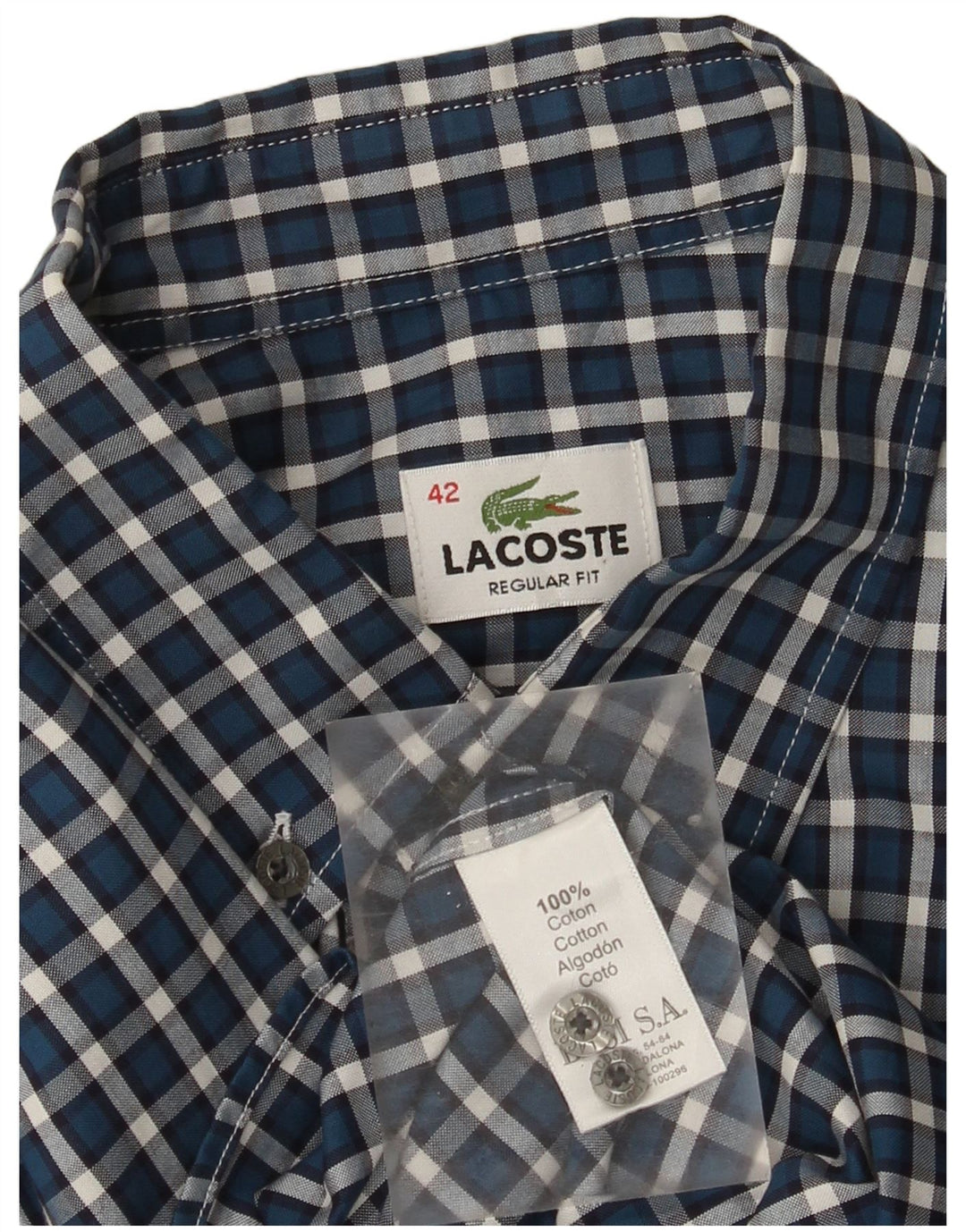 Camisa Lacoste Hombre Regular Fit Talla 42 Algodón A Cuadros Azul Grande