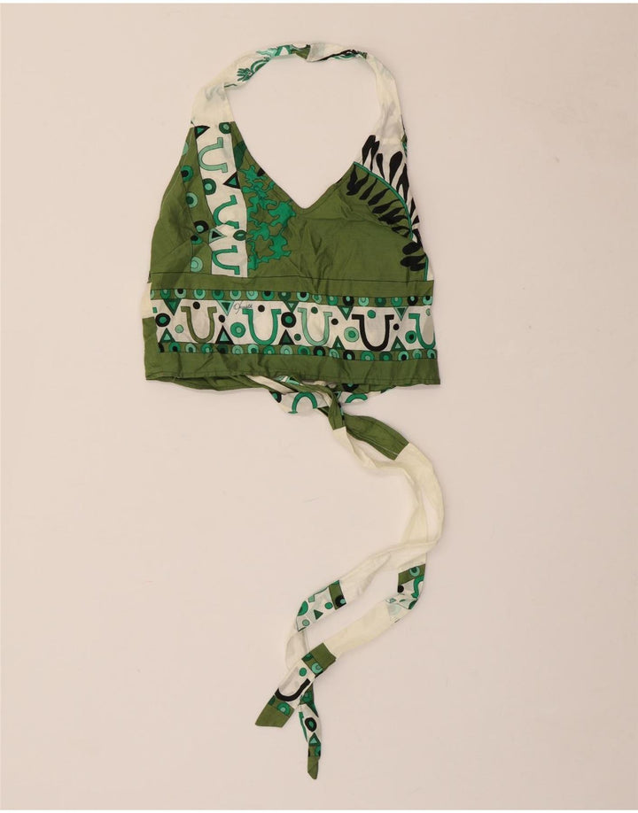 VINTAGE Womens Abstract Pattern Crop Halter Top UK 8 Small Green
