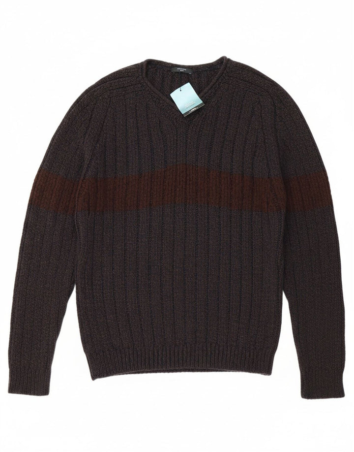 ST. BERNARD Mens V-Neck Jumper Sweater Large Grey Colourblock Acrylic