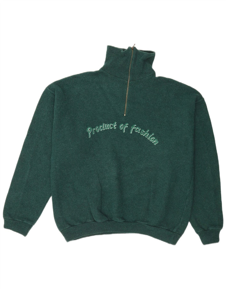 Vintage hombres gráfico cremallera cuello jersey suéter grande verde
