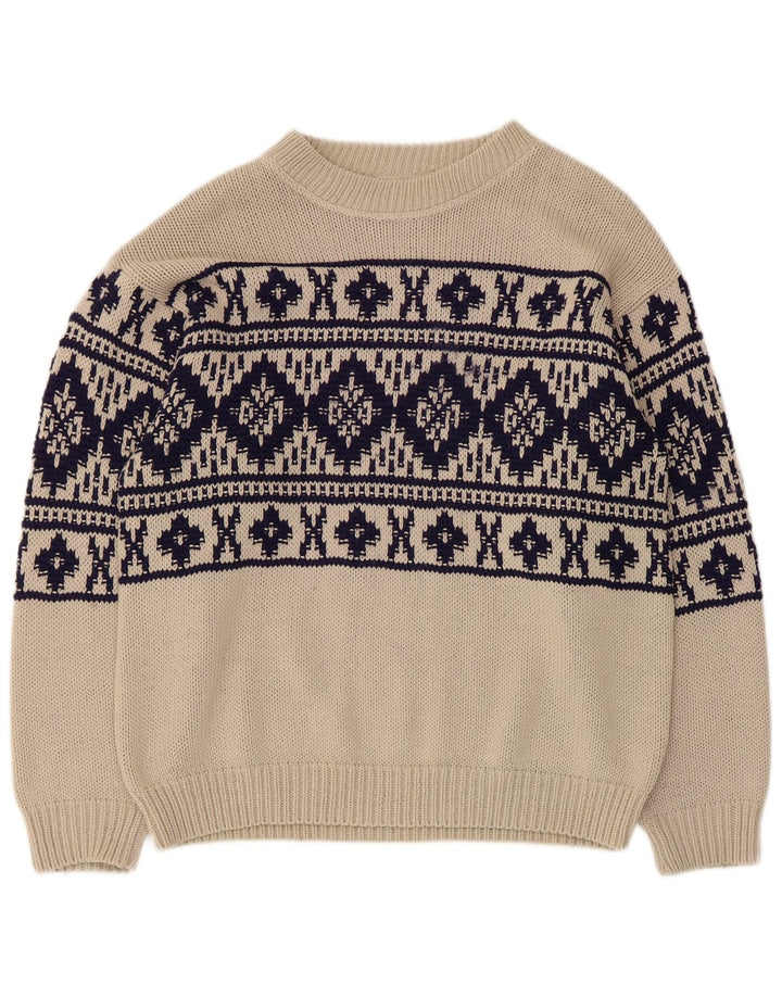 Vintage hombres barco cuello jersey suéter medio beige Fair Isle
