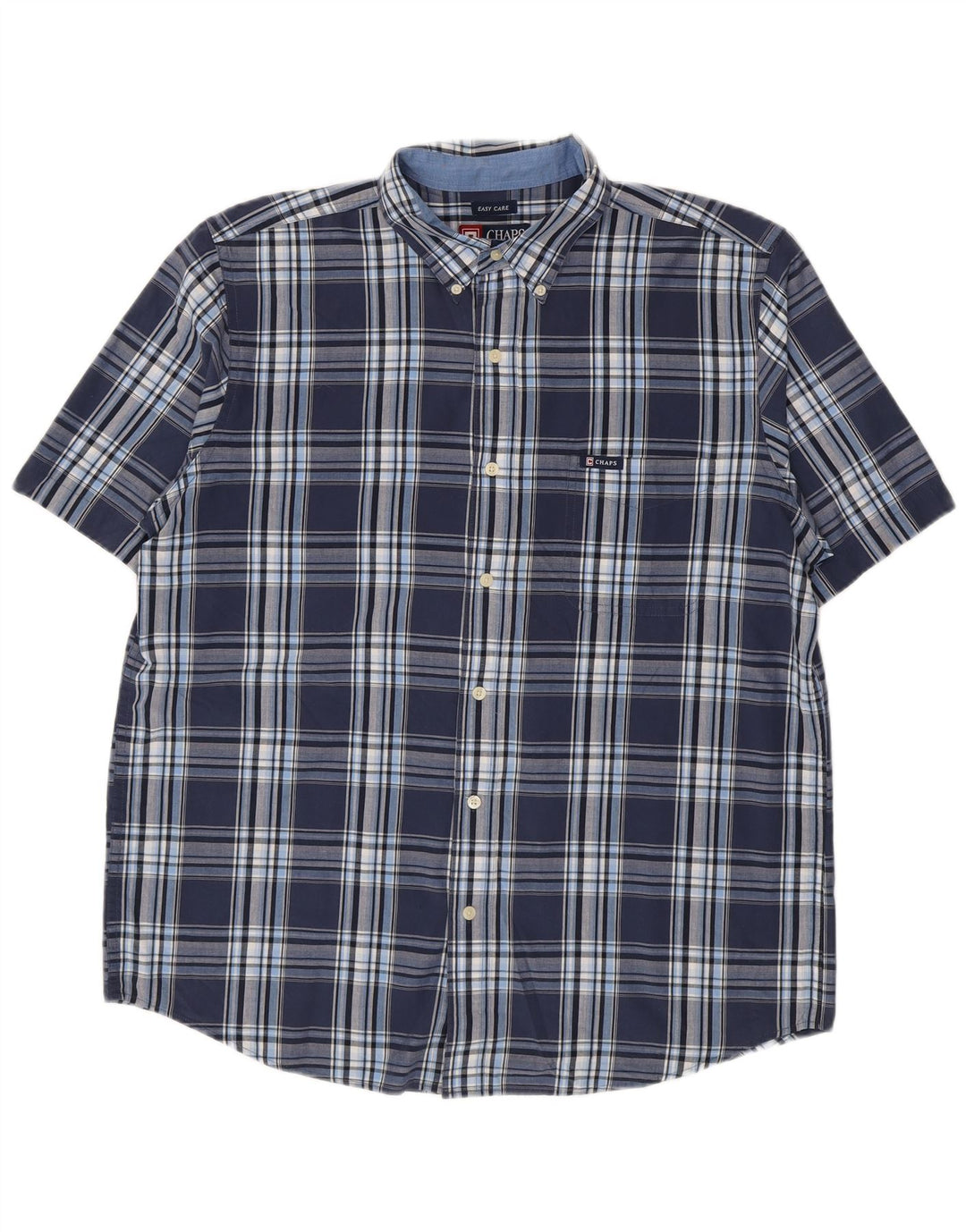 Chaps Camisa de manga corta para hombre de fácil cuidado, tamaño grande, algodón a cuadros azul marino