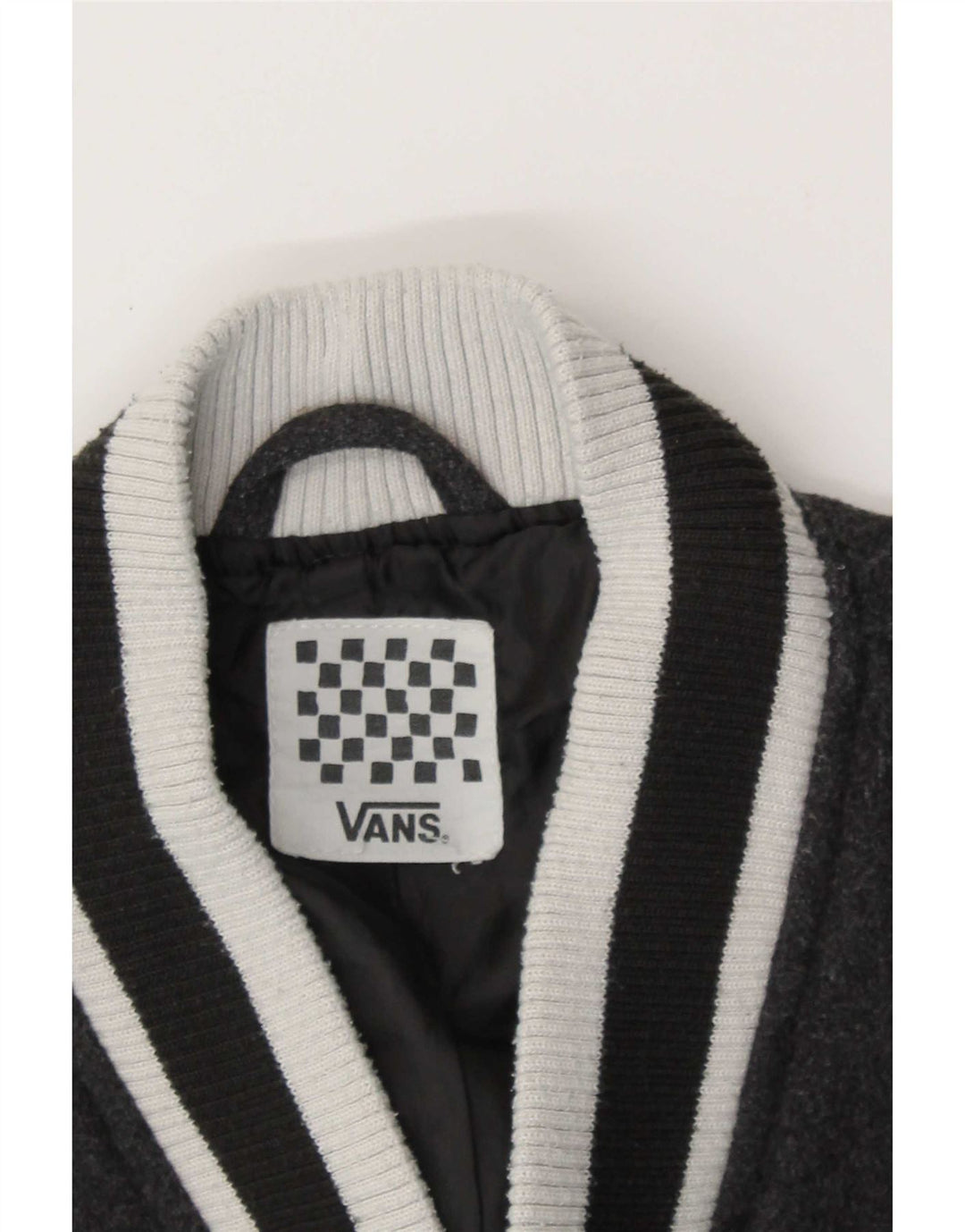 Vans Chaqueta universitaria gráfica para mujer UK 44 Lana gris medio con bloques de color