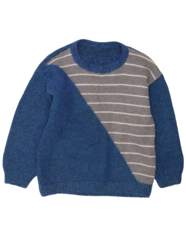 Vintage hombres cuello redondo jersey suéter grande azul rayas