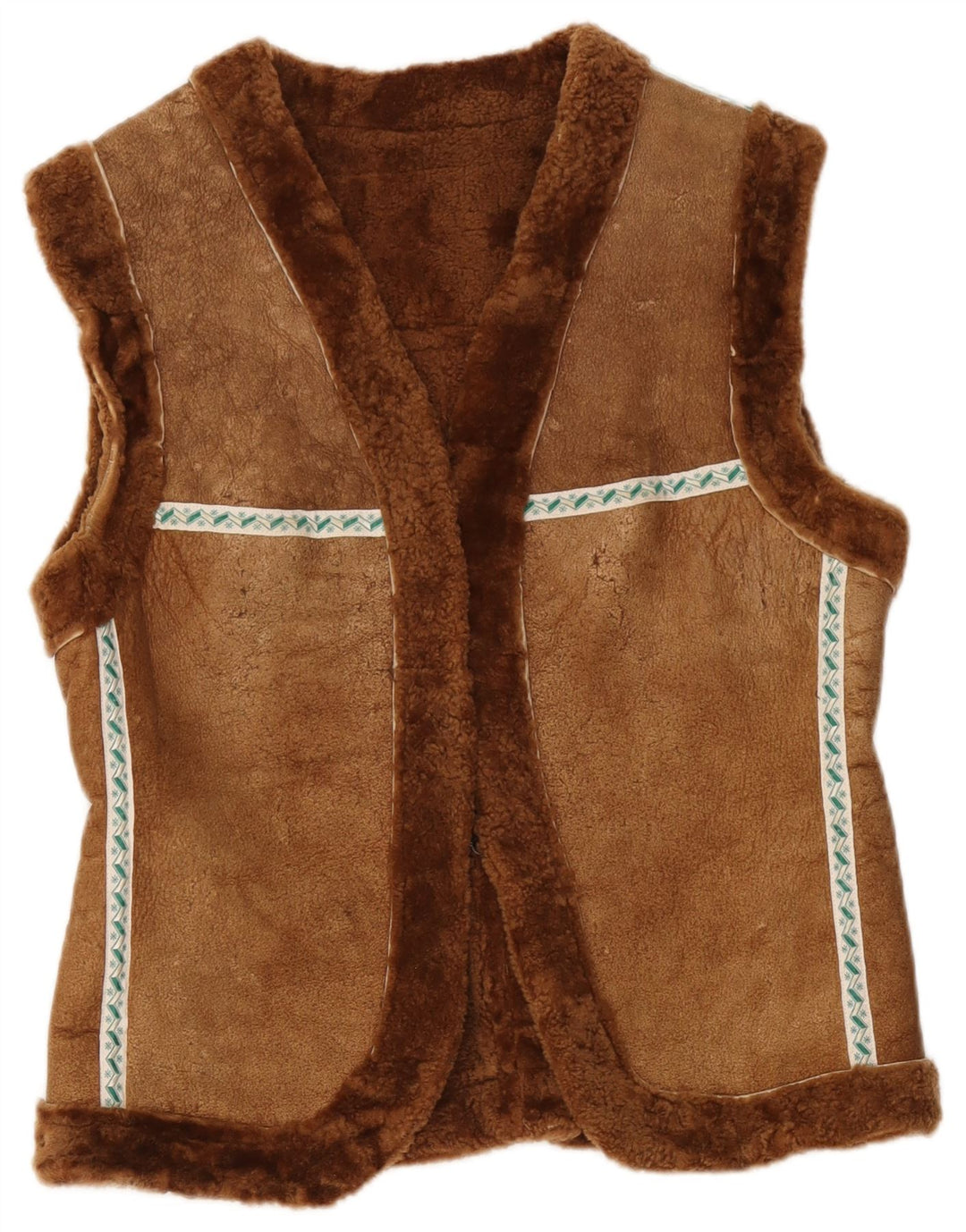 Vintage mujeres shearling gilet Reino Unido 12 marrón medio geométrico