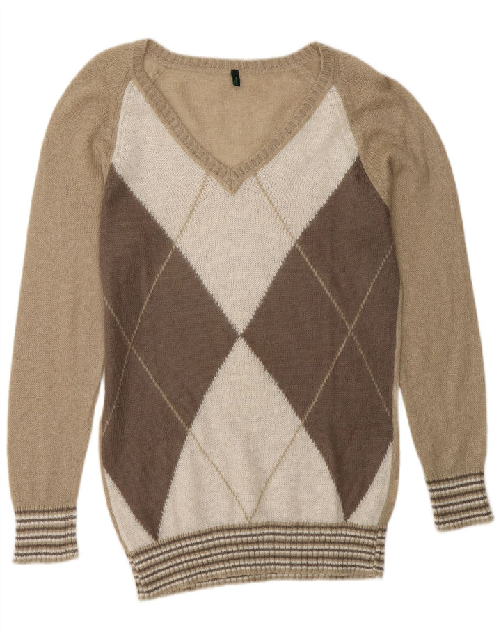 Benetton Jersey Con Cuello En V Para Mujer ES 44 Medium Beige Argyle/Diamond