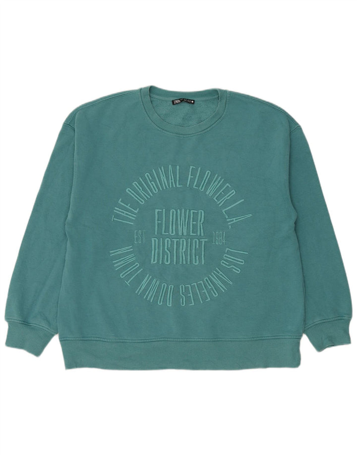 Zara Mujer Gráfico Sudadera De Gran Tamaño Jersey Reino Unido 10 Pequeño Algodón Azul