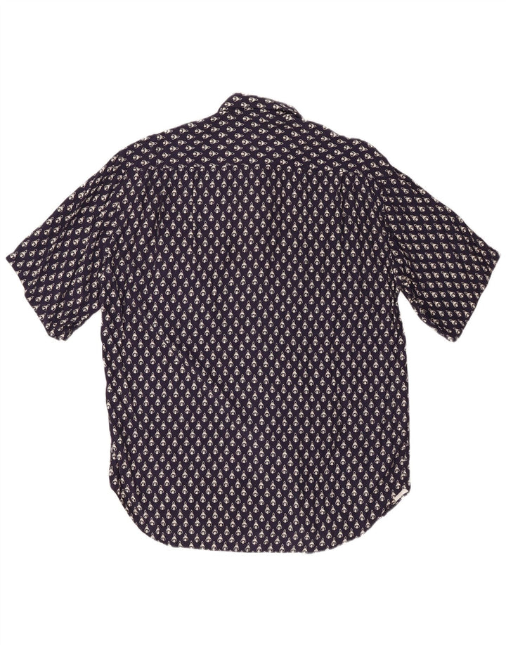 VINTAGE Camisa de manga corta con estampado abstracto para hombre Viscosa azul marino medio