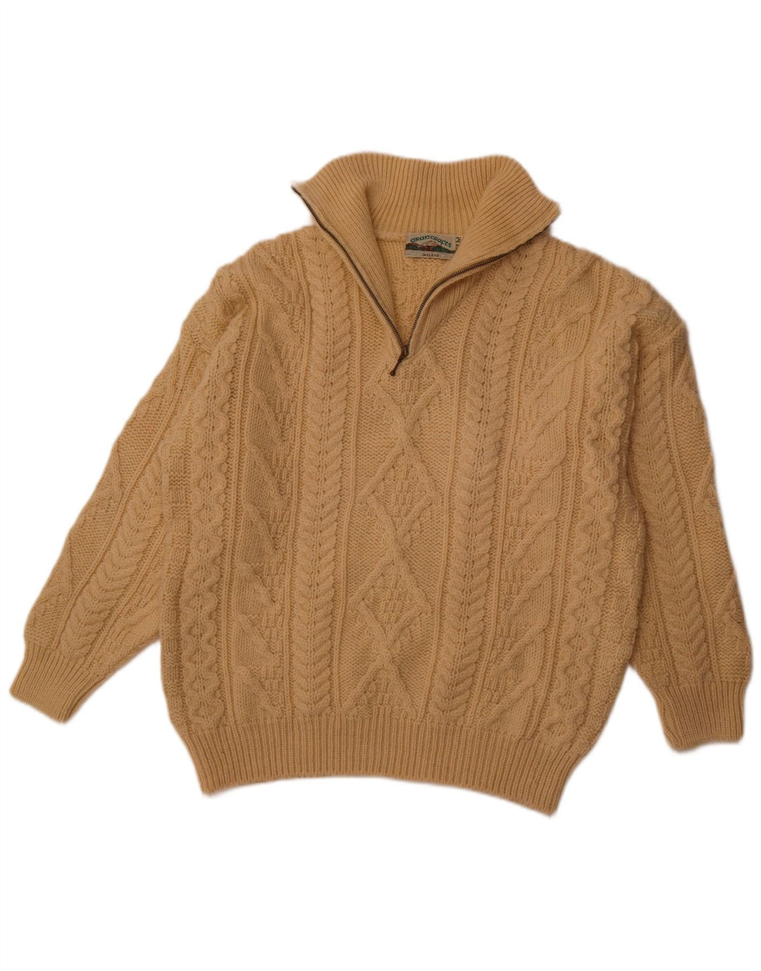 ARAN CRAFTS Jersey para hombre con cuello y cremallera de lana beige medio
