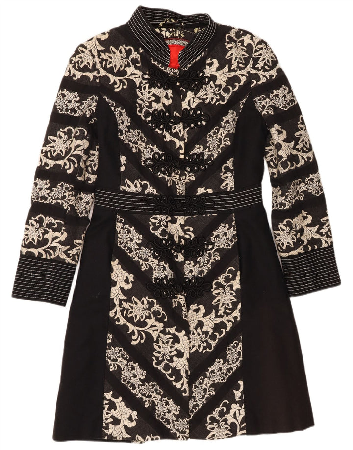 ST- MARTINS Womens Overcoat UK 14 Medium Black Floral Cotton