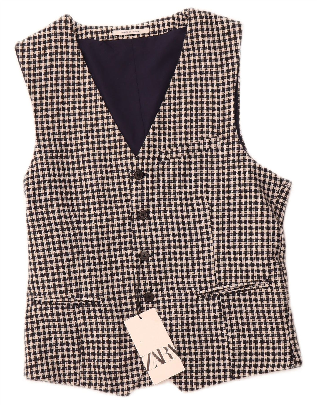 ZARA Hombre Chaleco Medio Azul Marino Pata De Gallo Algodón