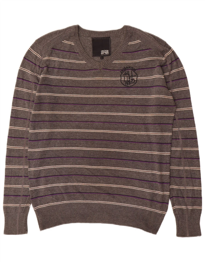 Jack & Jones Jersey con cuello en V gráfico para hombre, talla grande, gris, a rayas