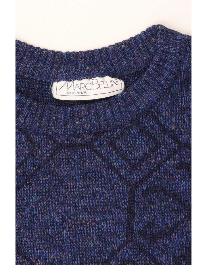 Vintage hombres cuello redondo jersey suéter XL azul geométrico