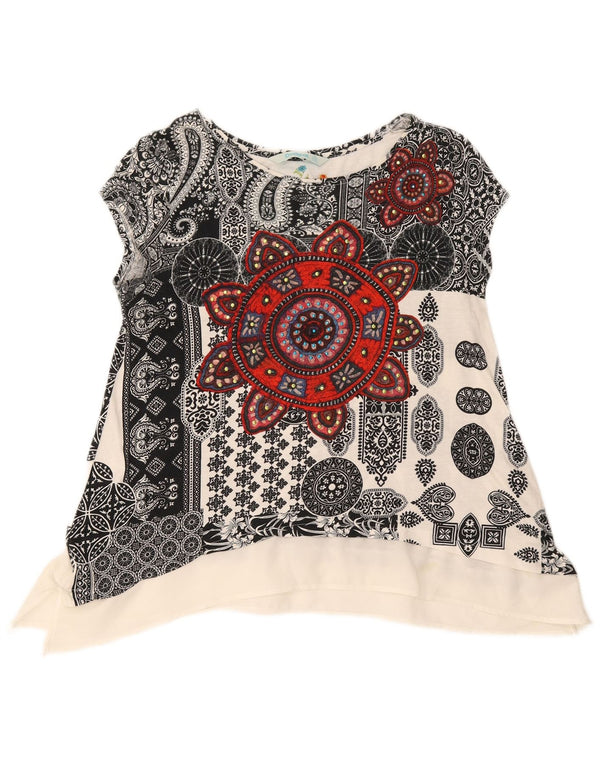Desigual Blusa Asimétrica para Mujer Top UK 12 Medium White Paisley Cotton