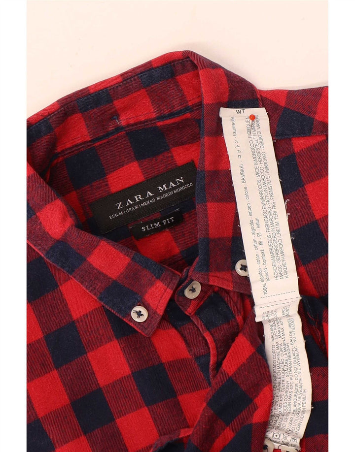 Zara Hombre Camisa Slim Fit De Franela Algodón A Cuadros Rojo Medio