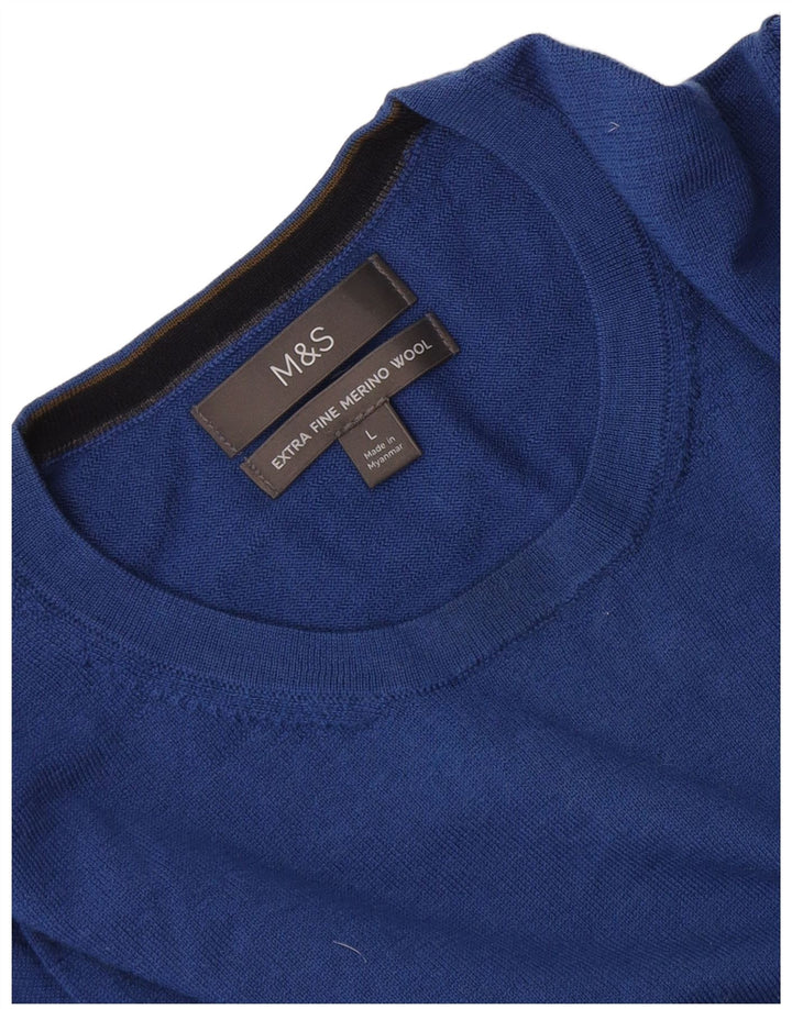 Marks & Spencer Jersey de cuello redondo para hombre de lana merino azul grande