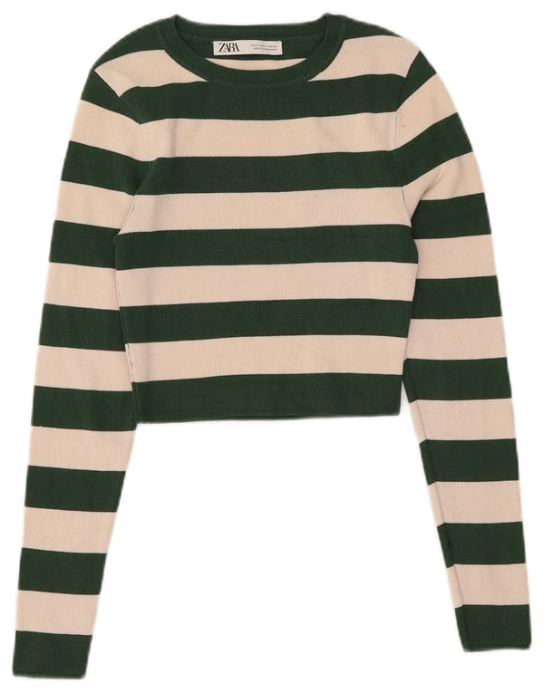 Zara Mujer Crop Top Manga Larga UK 8 Small Verde Rayas Viscosa