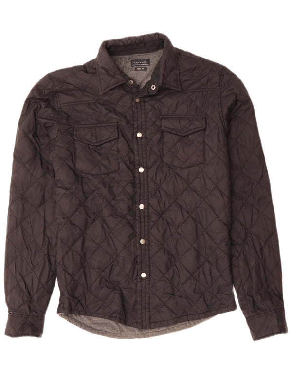 ZARA Hombre Camisa Sobrecamisa Slim Fit Acolchada Poliéster Negro Mediano
