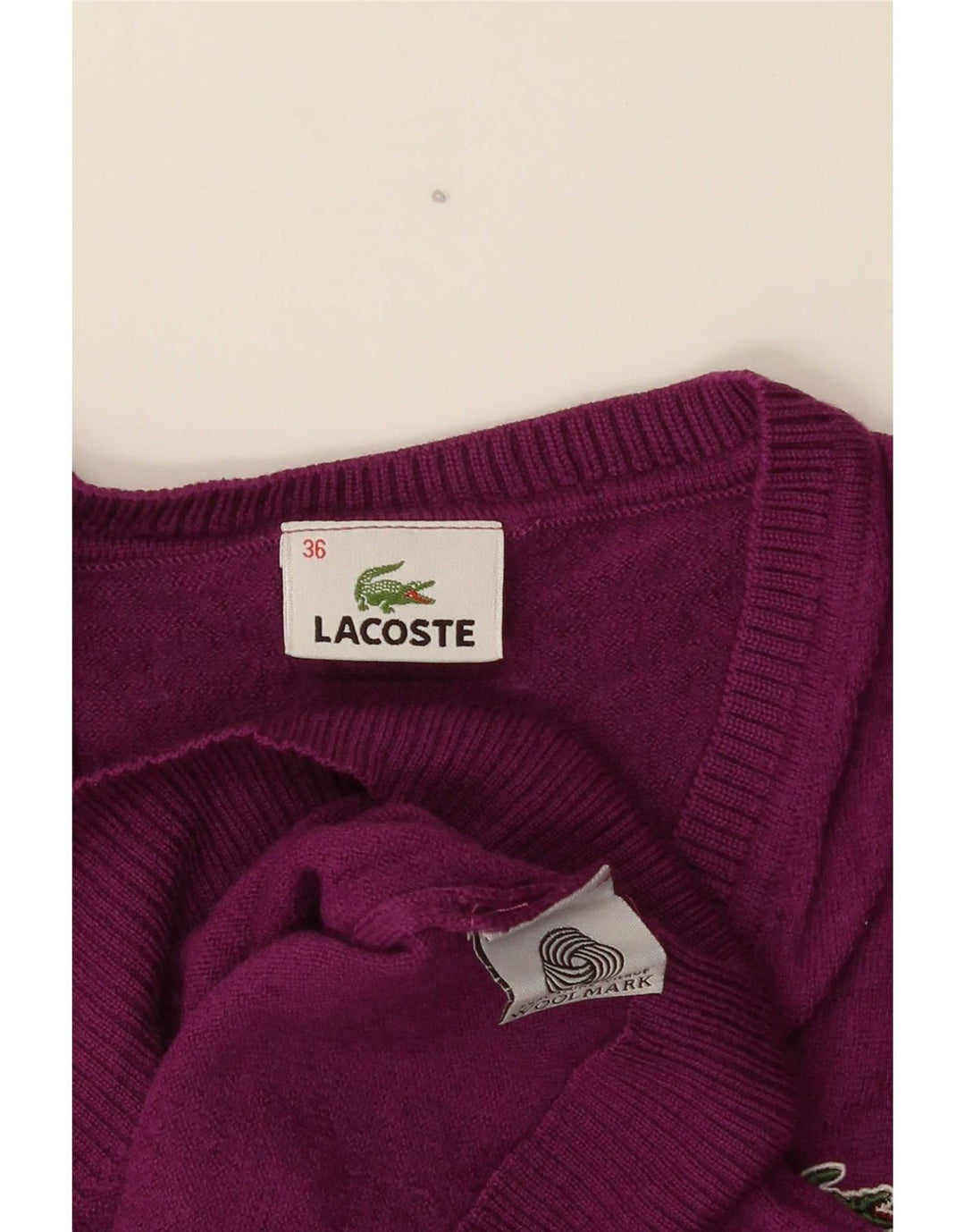 Lacoste Jersey con cuello en V para mujer Talla 36 Pequeño Lana morada