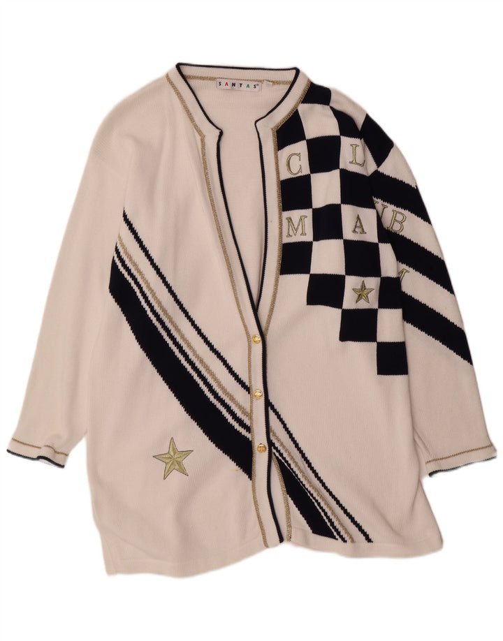 VINTAGE Mujer Oversize Longline Cardigan Suéter Reino Unido 14 Medio Blanco