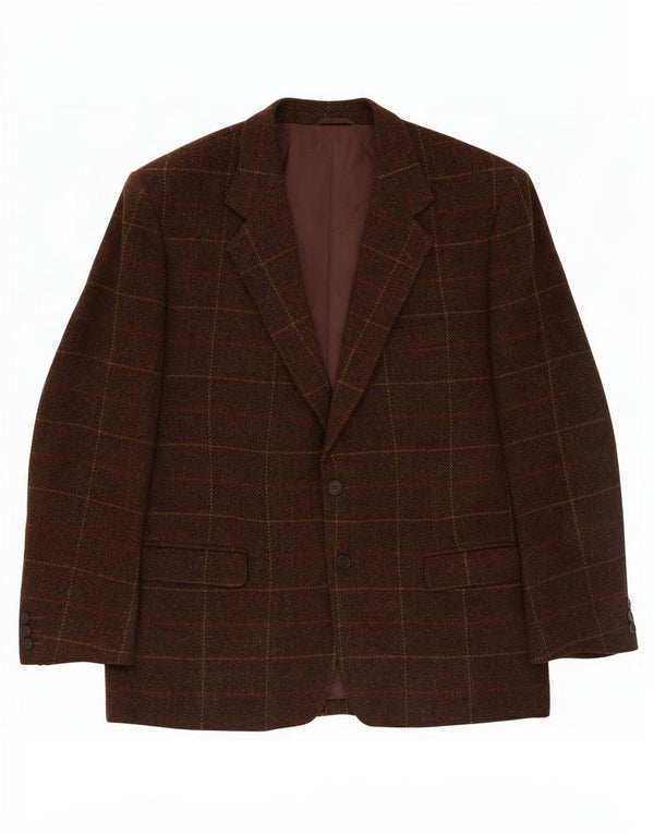 Vintage hombres 2 botones Blazer chaqueta IT 50 grande marrón comprobar lana virgen
