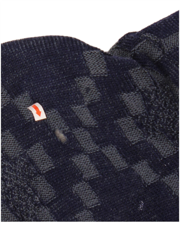 VINTAGE Hombres Cardigan Suéter Grande Azul Marino Geométrico Viscosa
