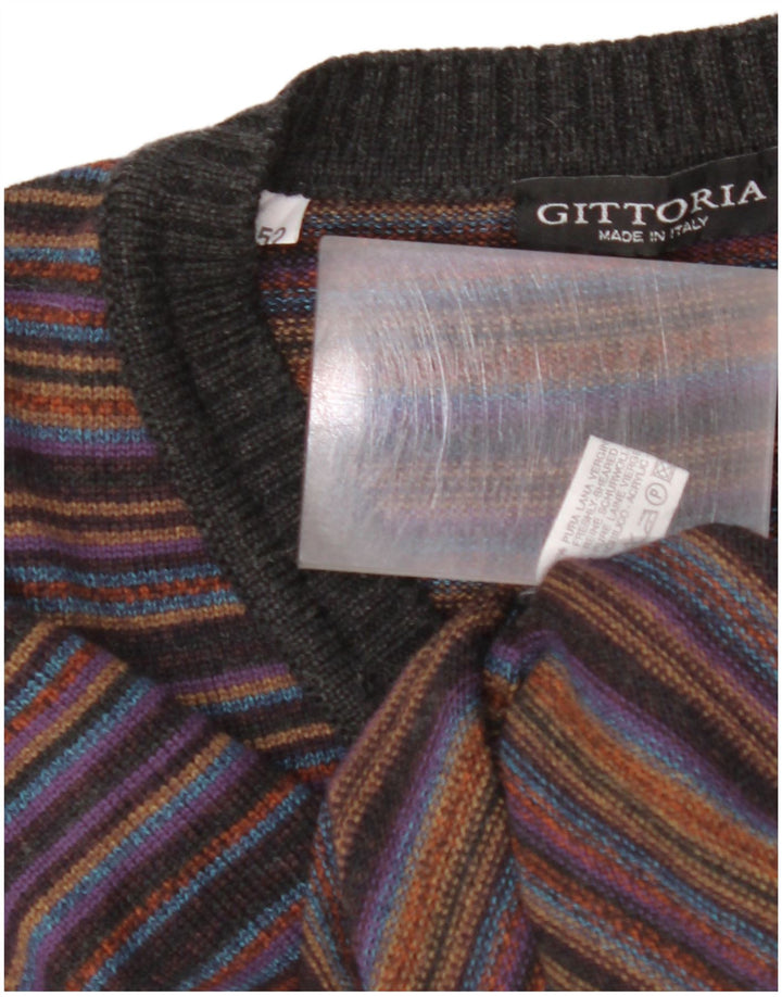 VINTAGE Jersey con cuello en V para hombre IT 52 Lana a rayas multicolor grande