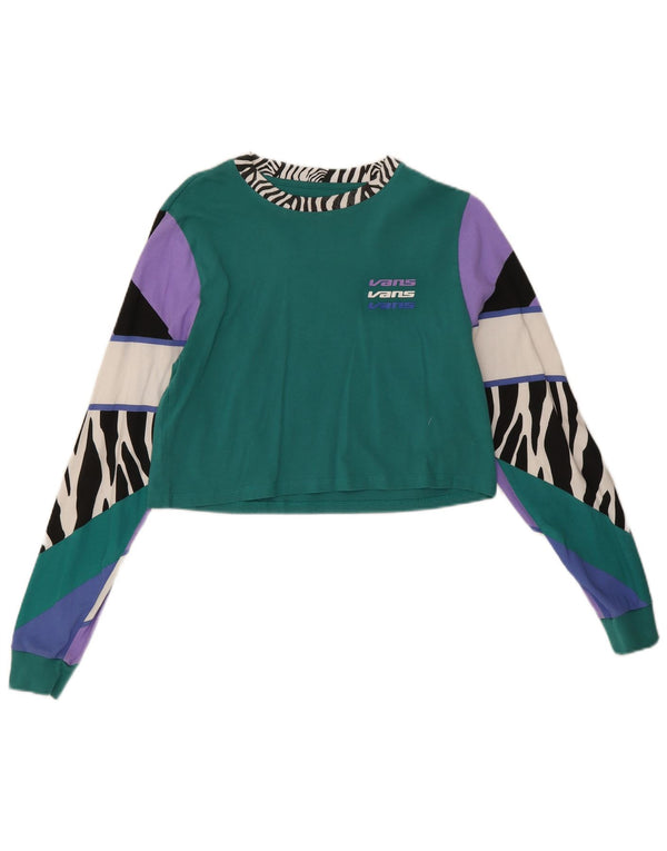 Vans Mujer Crop Top Manga Larga UK 10 Pequeño Verde Animal Print Algodón