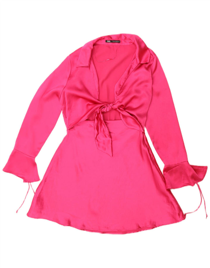 Zara Mujer Vestido Acampanado De Manga Larga UK 44 Poliéster Rosa Medio