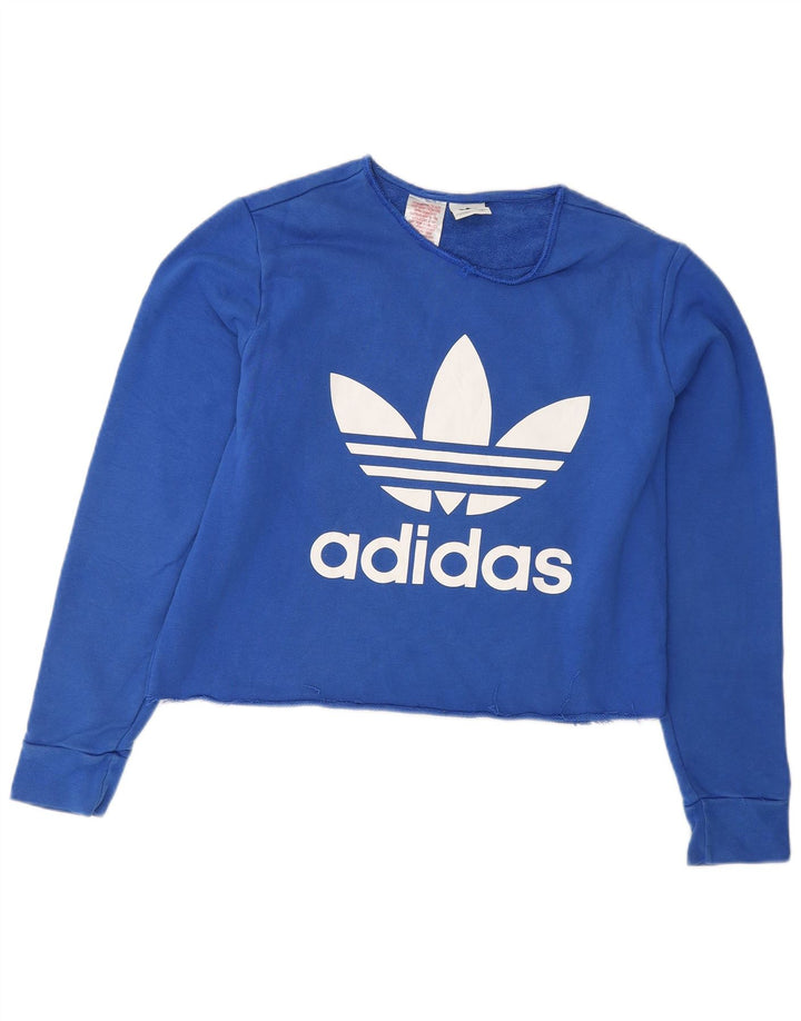 ADIDAS Womens Crop Graphic Sweatshirt Jumper UK 8 Small Blue Vintage Adidas and Second-Hand Adidas from Messina Hembry 