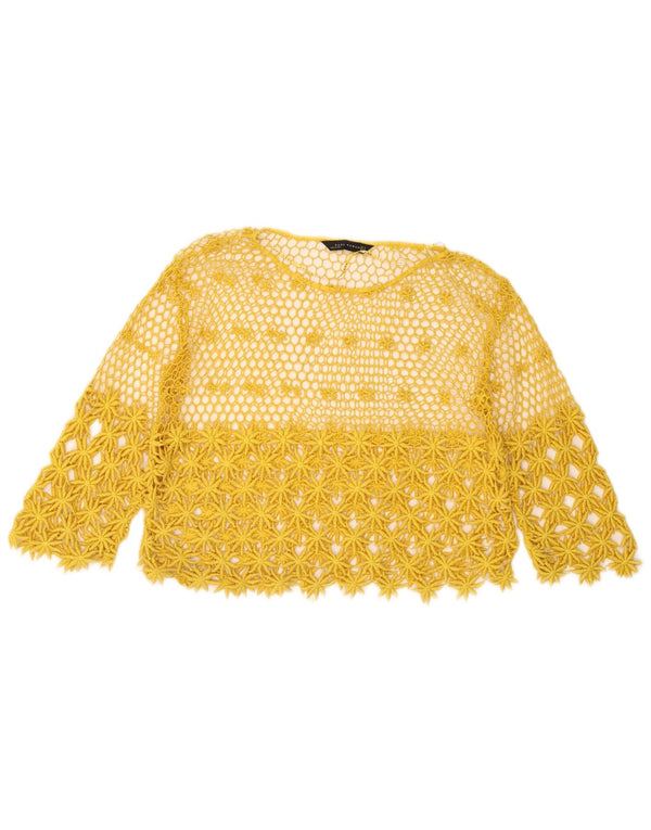 Zara Womens See Through Crochet Top 3/4 Sleeve UK 14 Medium Yellow