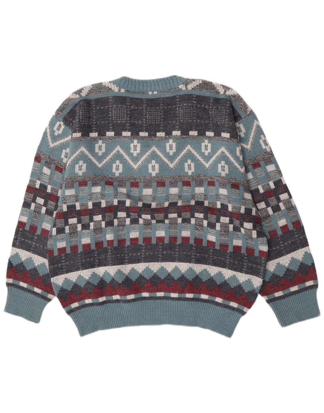 Vintage hombres V-cuello jumper suéter grande azul geométrico lana