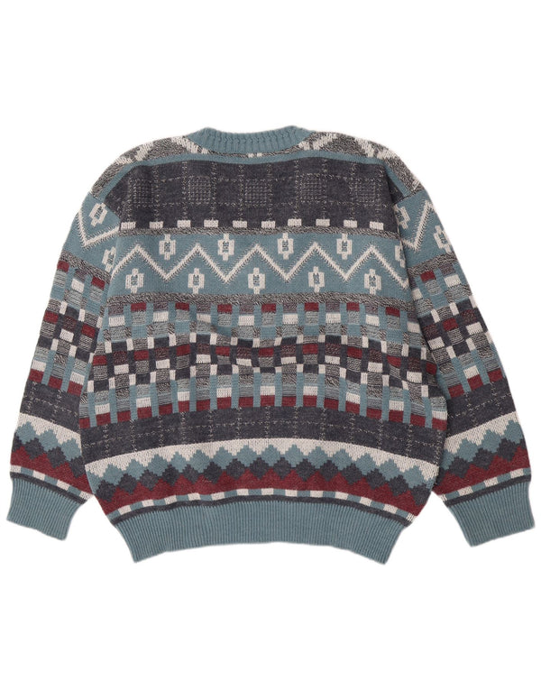 Vintage hombres V-cuello jumper suéter grande azul geométrico lana