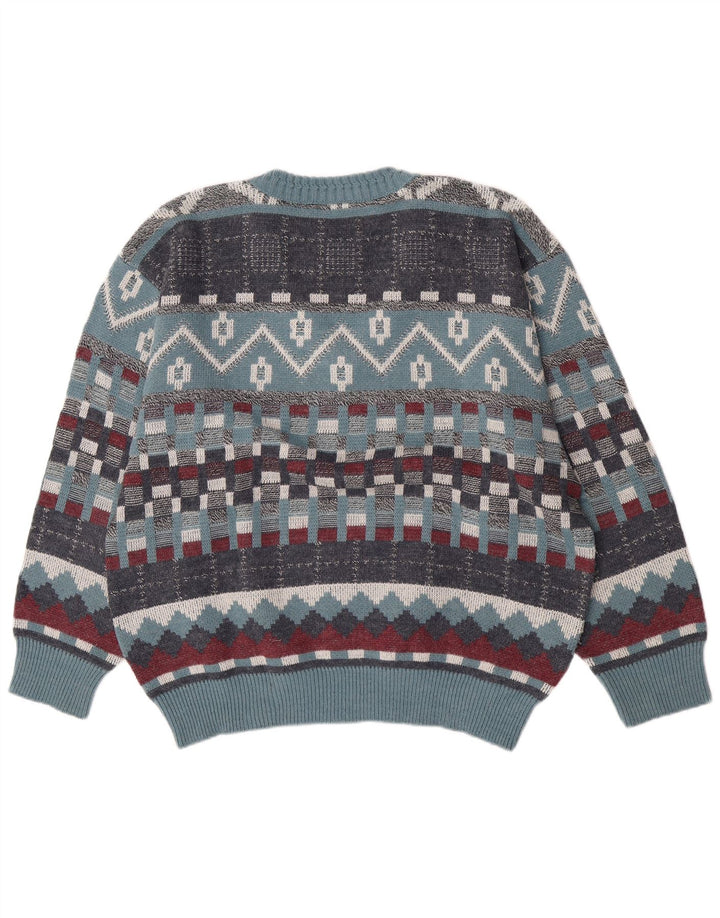 Vintage hombres V-cuello jumper suéter grande azul geométrico lana
