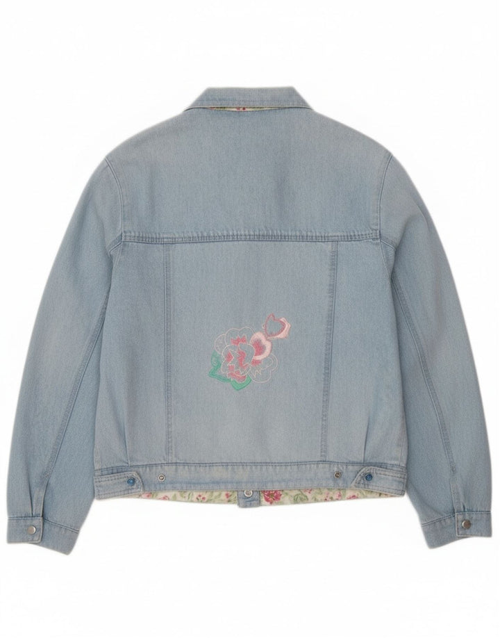Vintage mujer gráfica chaqueta de mezclilla IT 44 azul medio floral
