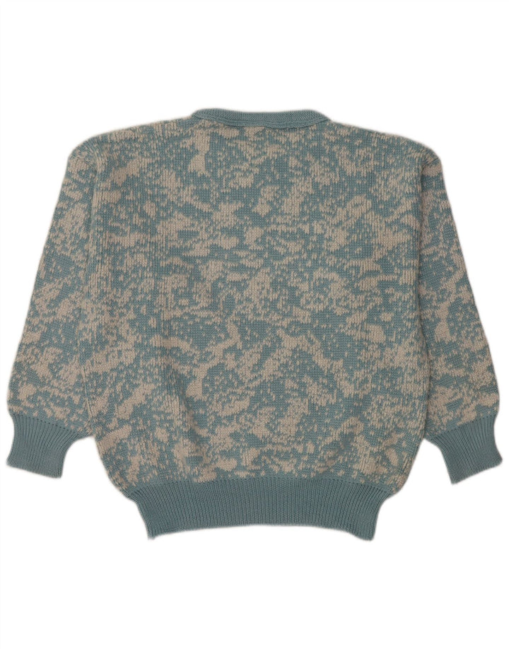 Vintage mujeres patrón abstracto cuello redondo jersey suéter Reino Unido 16 azul grande